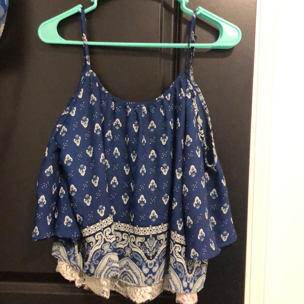 Blue and white shirt with lace detail